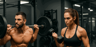 Focused man performing barbell squats and woman doing dumbbell curls in a modern gym for an 8 week weight training program.
